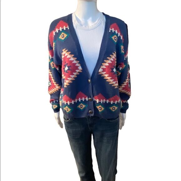 Vintage Nuovo Southwestern Knit 3 Button Cardigan Sweater Womens Medium Blue Pin - Picture 1 of 10